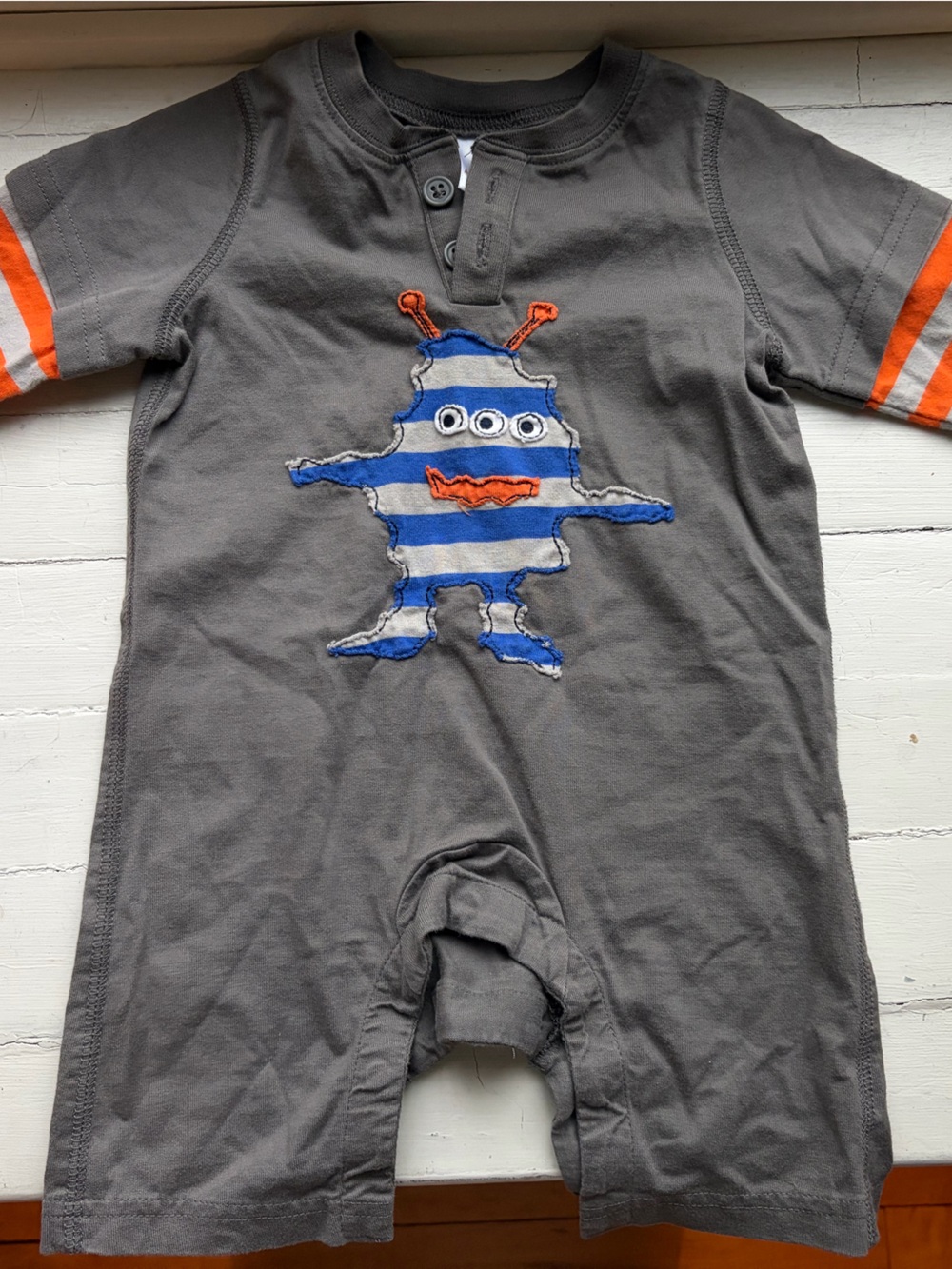 Gray Toddler Romper with Striped Monster Applique